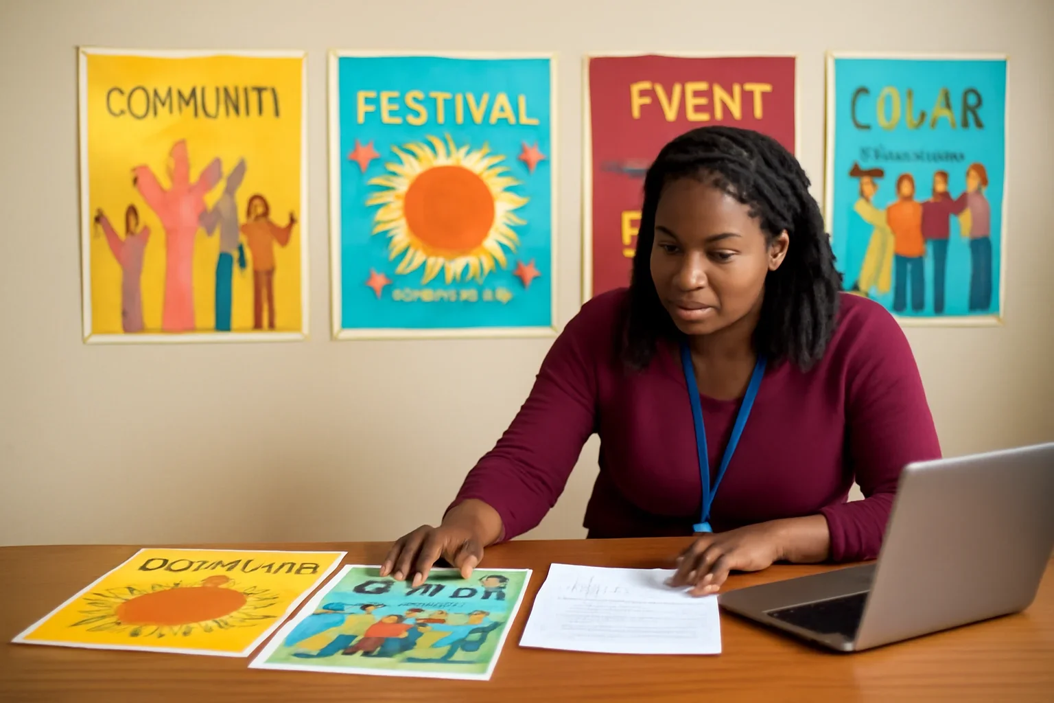 Community organizer checking event details beside posters and a laptop