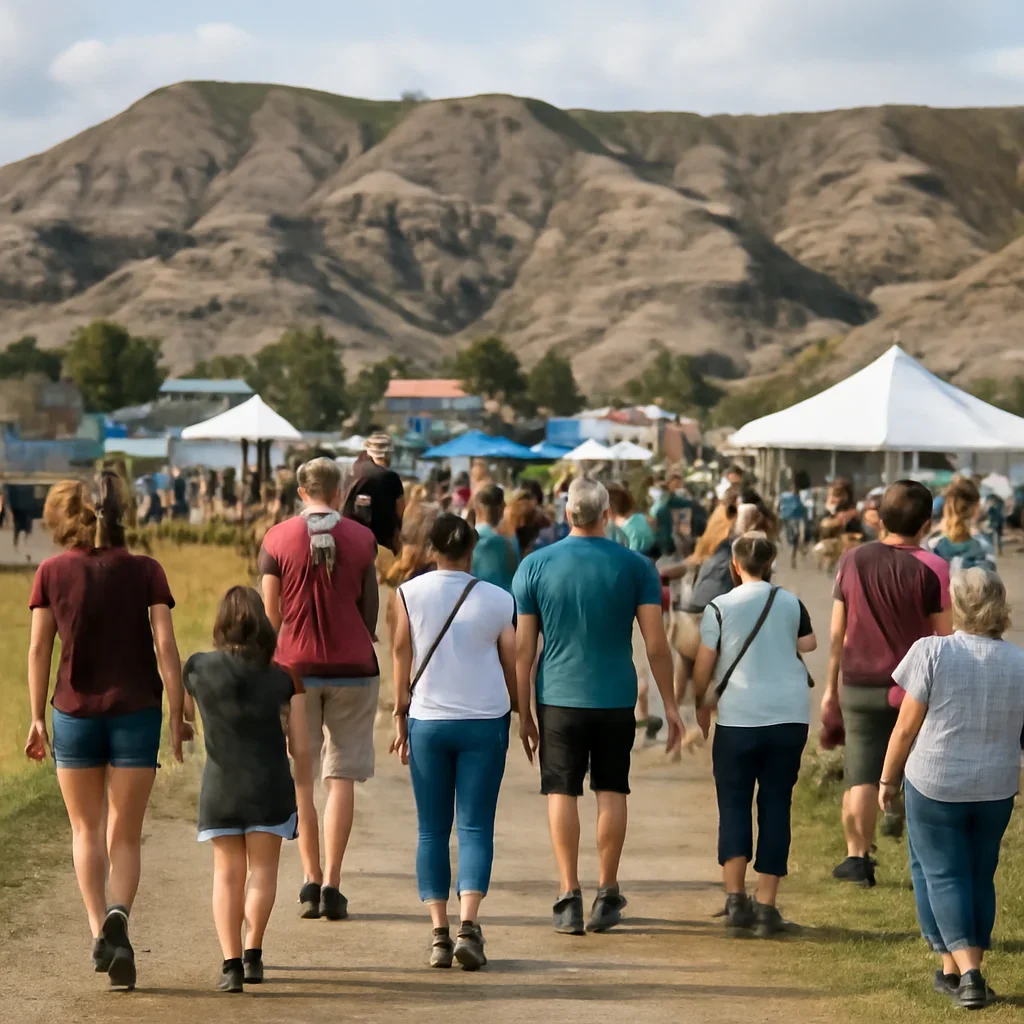 Crowd arriving at a small-town outdoor event in the badlands