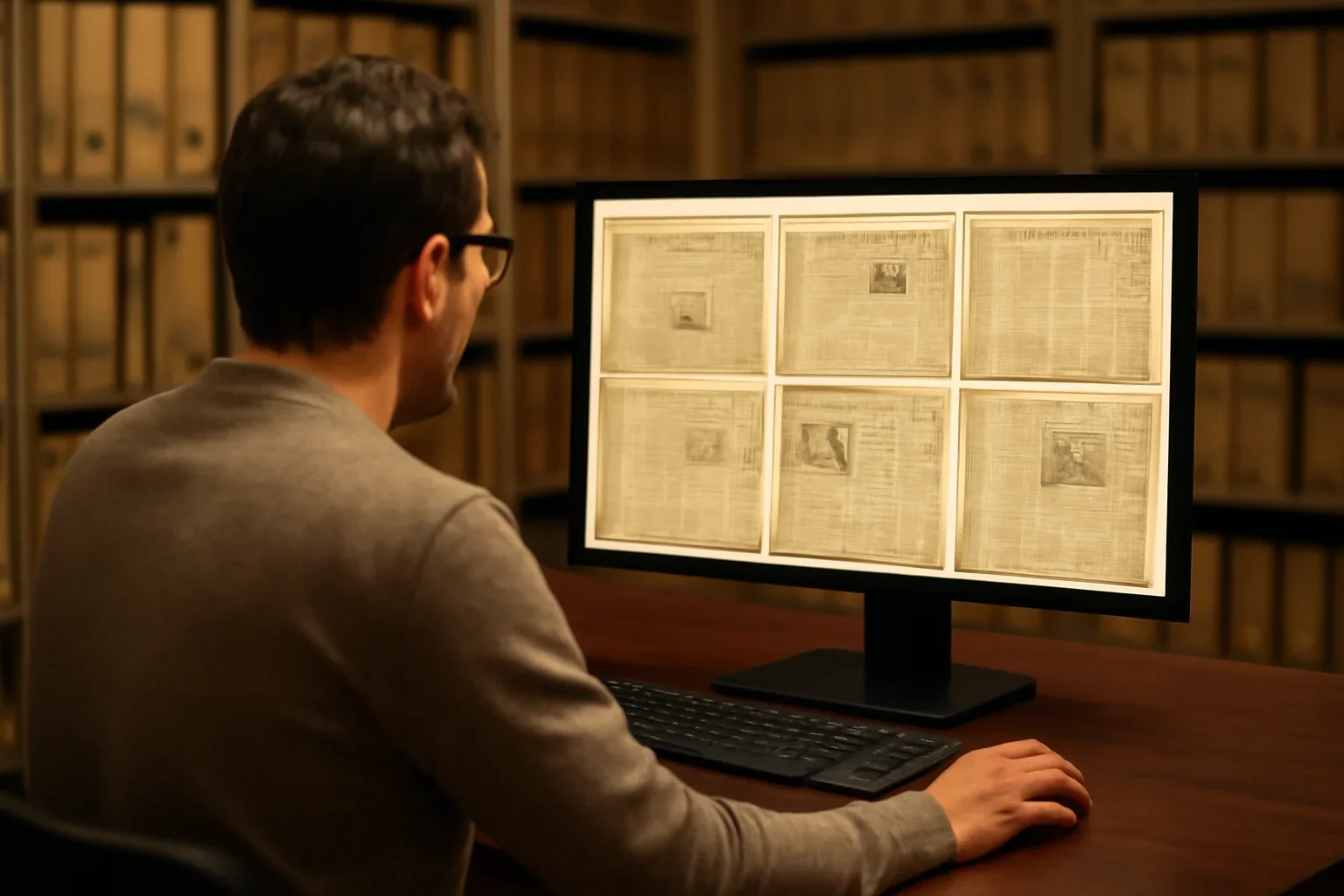 Researcher browsing historic newspaper pages on a desktop screen