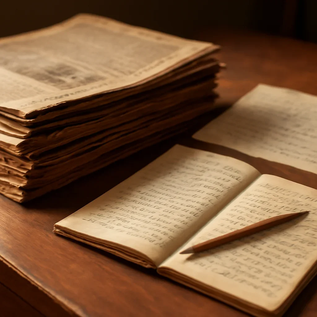 Stack of past newspaper issues and handwritten notes on a desk