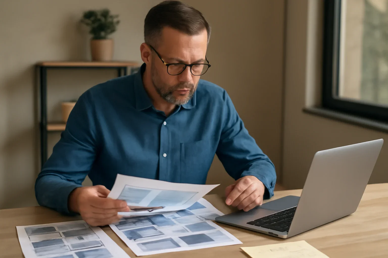 Local business owner reviewing ad layouts and campaign notes at a desk