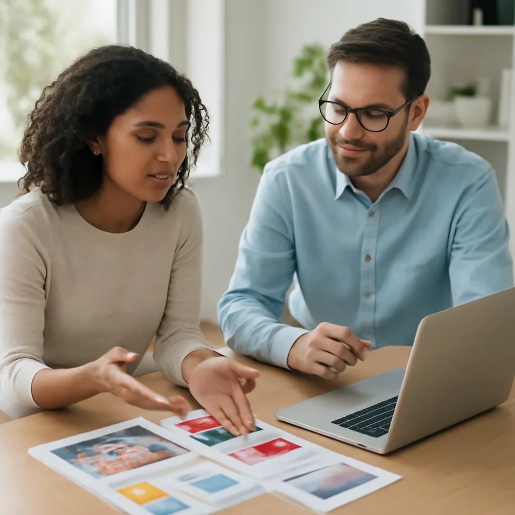Team discussing a print and digital promotion plan in a bright office
