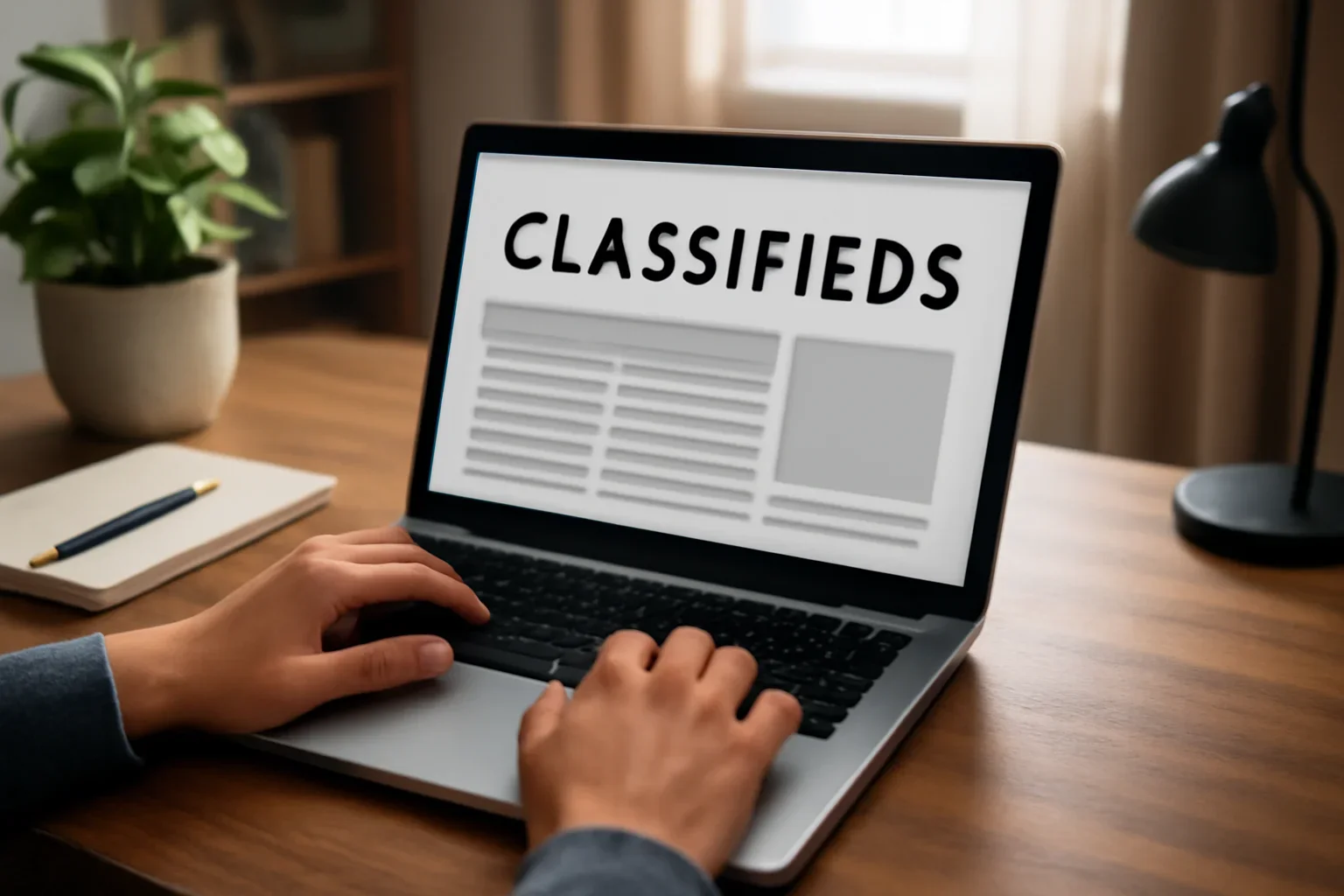 Seller posting a neatly written local classified listing from a laptop