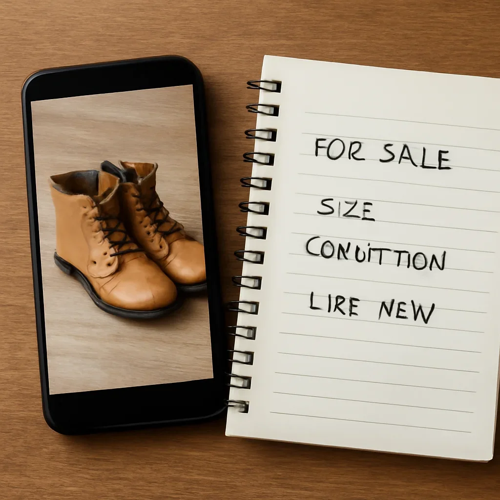 Phone screen and notebook with item details ready for a classified ad