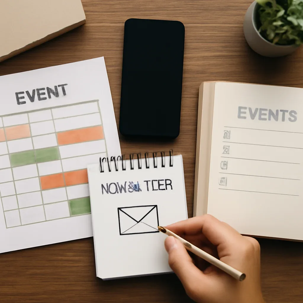 Newsletter signup and event reminder planning on a desk