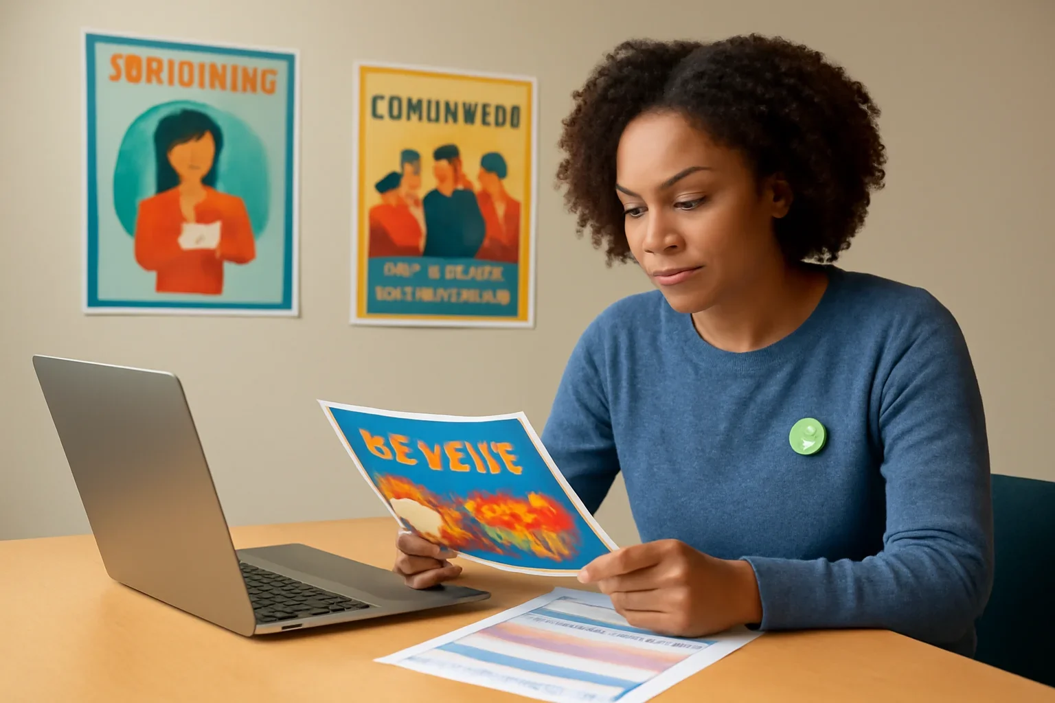 Community organizer checking event details beside posters and a laptop