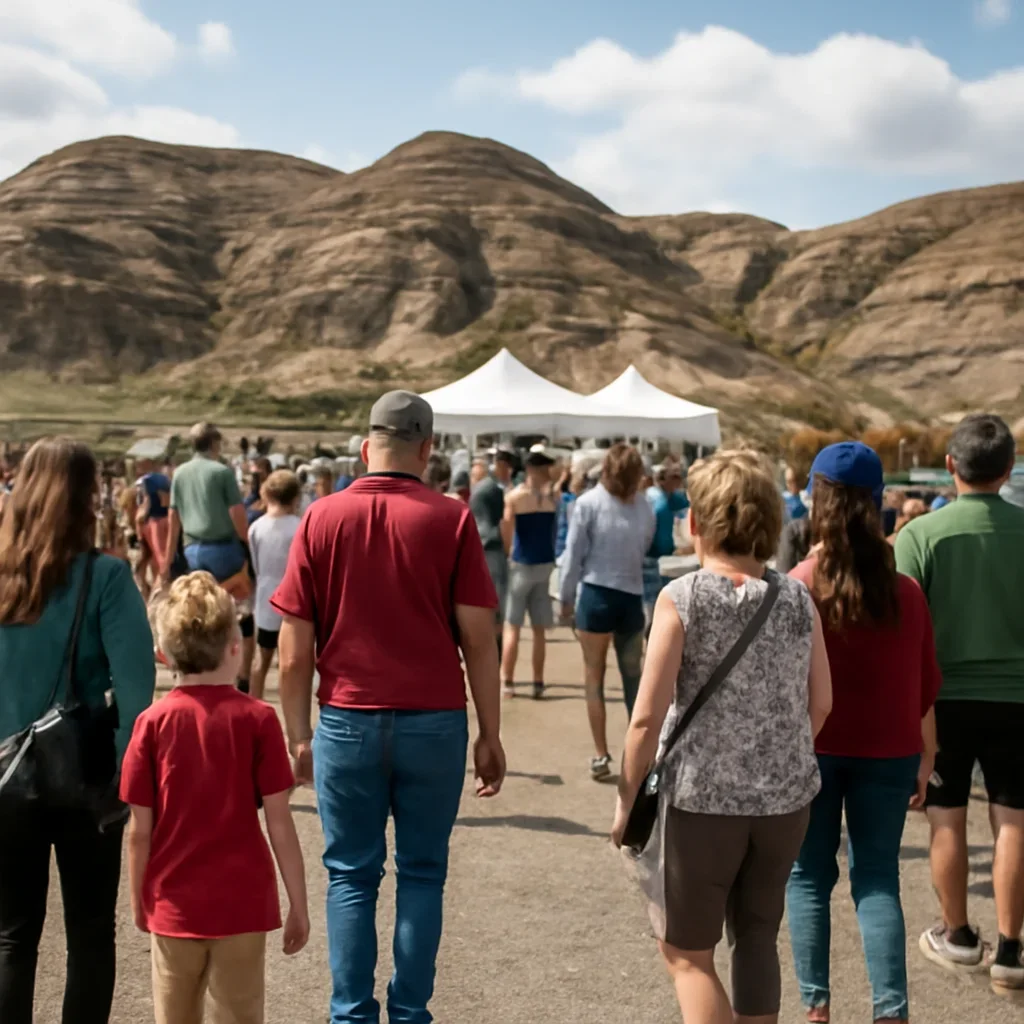 Crowd arriving at a small-town outdoor event in the badlands