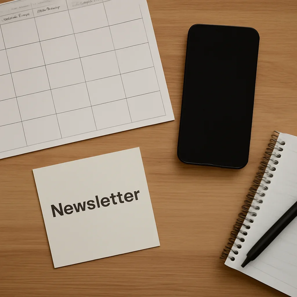 Newsletter signup and event reminder planning on a desk