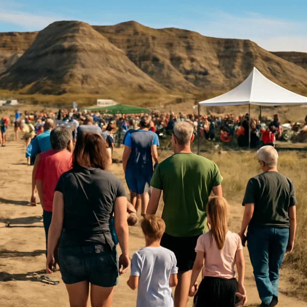 Crowd arriving at a small-town outdoor event in the badlands
