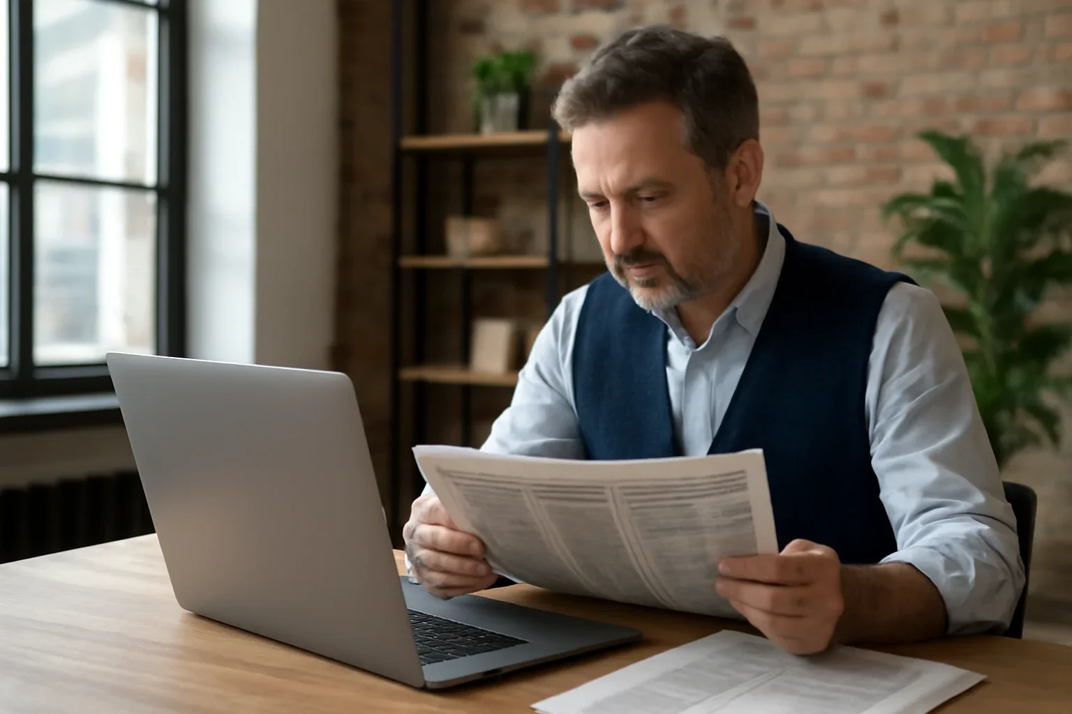 Local business owner reviewing printed materials and a laptop screen