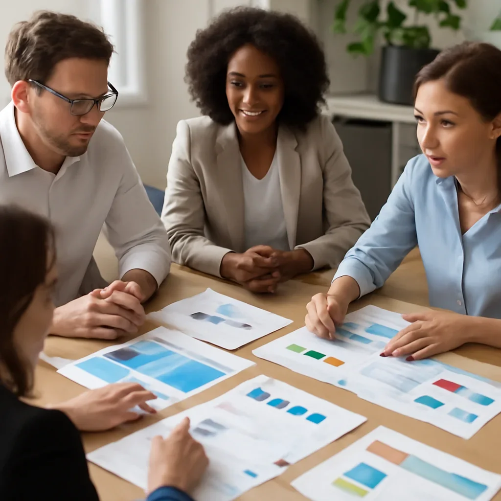Planning meeting with ad proofs, calendar notes, or campaign drafts