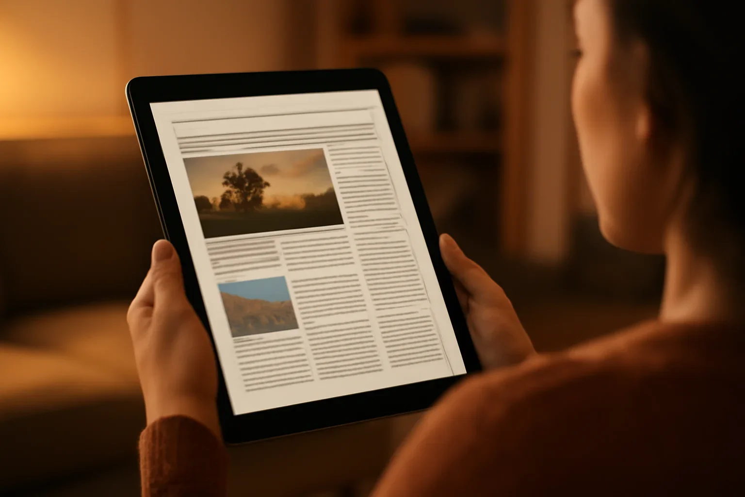 Reader checking a local newsletter or digital edition on a tablet