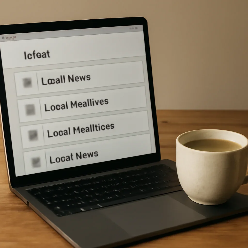 Inbox screen with local headlines beside a coffee cup