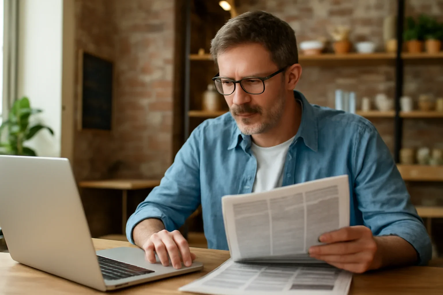 Local business owner reviewing printed materials and a laptop screen