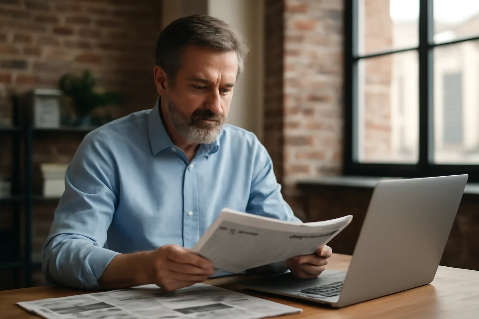 Local business owner reviewing printed materials and a laptop screen