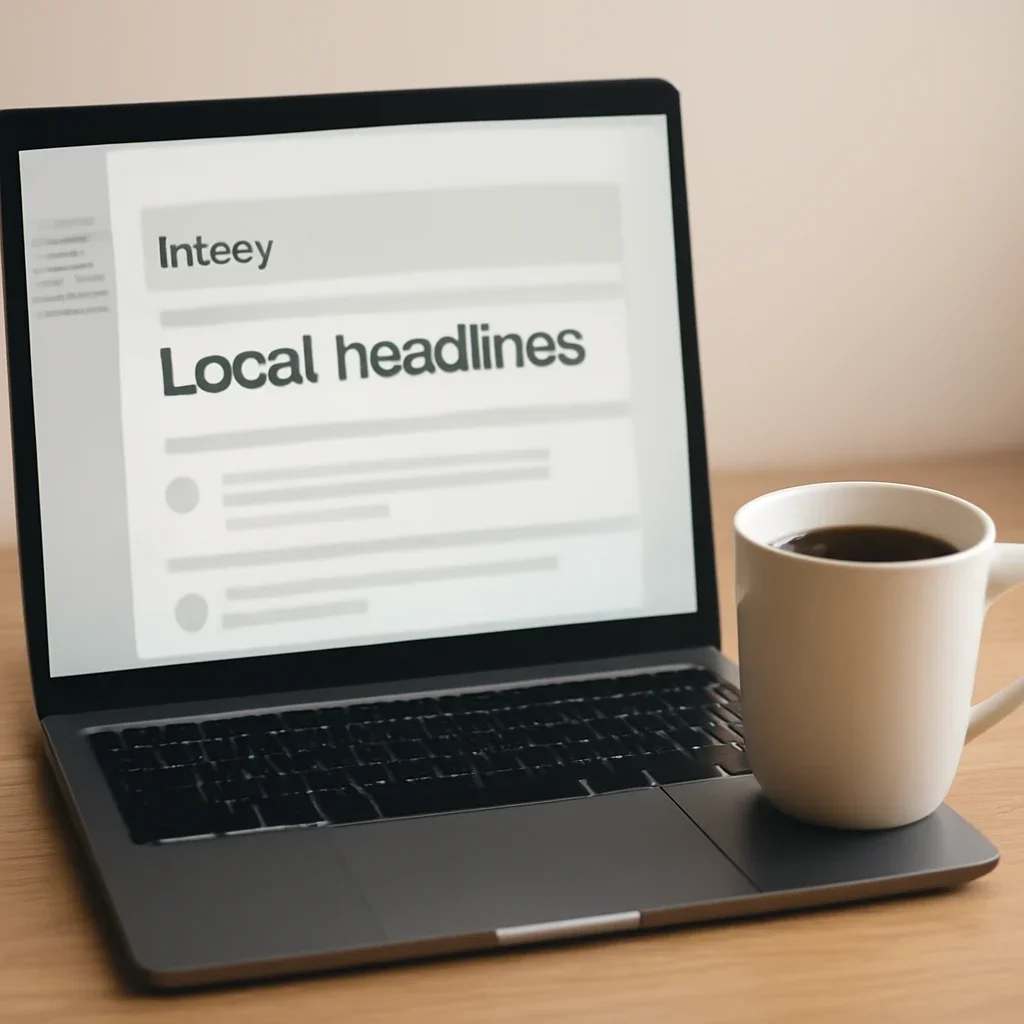 Inbox screen with local headlines beside a coffee cup