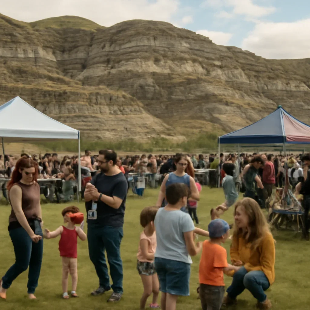 Families and neighbours gathered at an outdoor badlands event