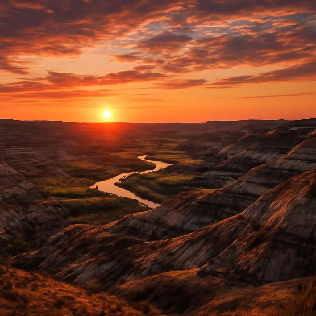 Sunset over the badlands with the river valley in view