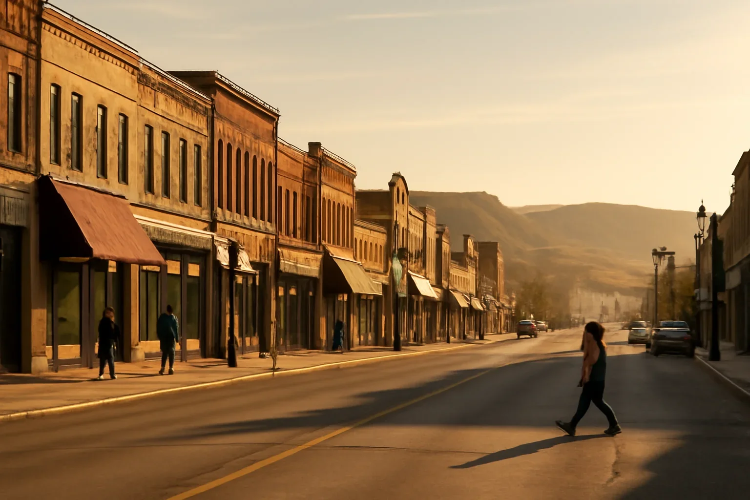 Downtown Drumheller storefronts and street activity under morning light