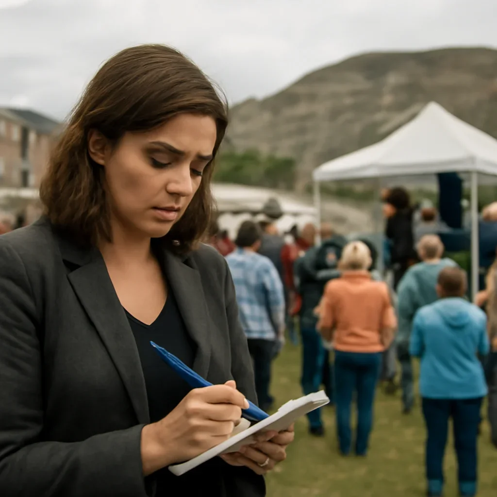 Reporter taking notes at a community event in the valley