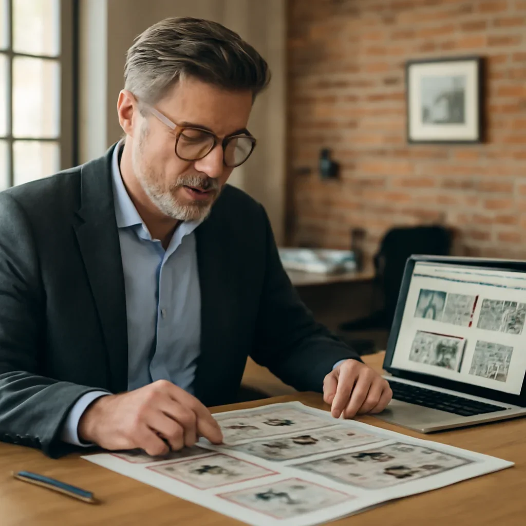 Local business owner reviewing a print ad proof on a desk