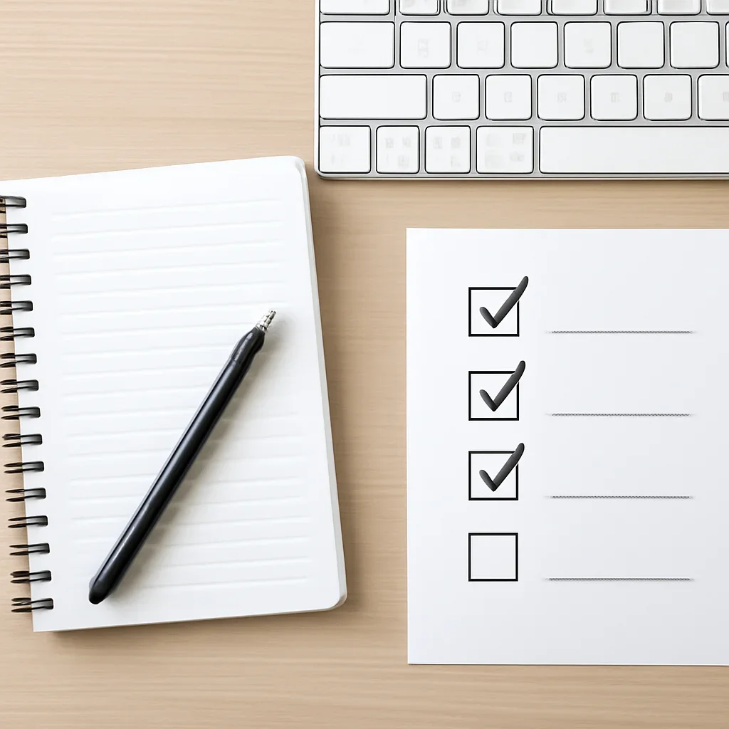 Notebook, keyboard, and checklist used for reviewing requests