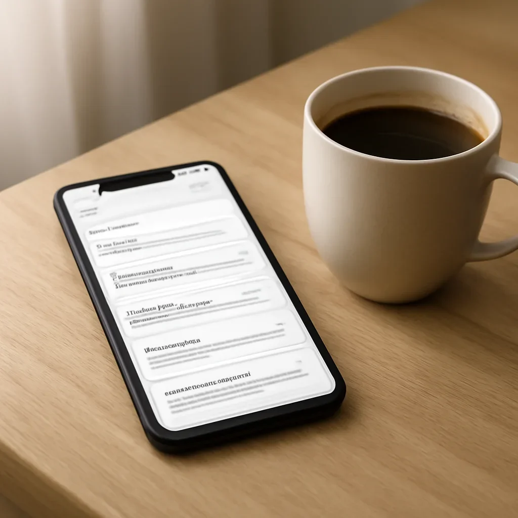 Inbox screen with local headlines beside a coffee cup