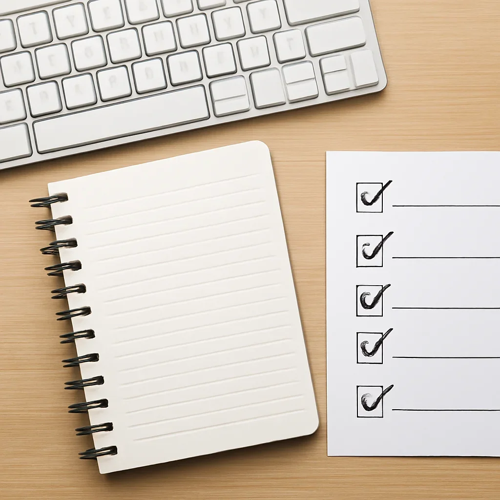 Notebook, keyboard, and checklist used for reviewing requests