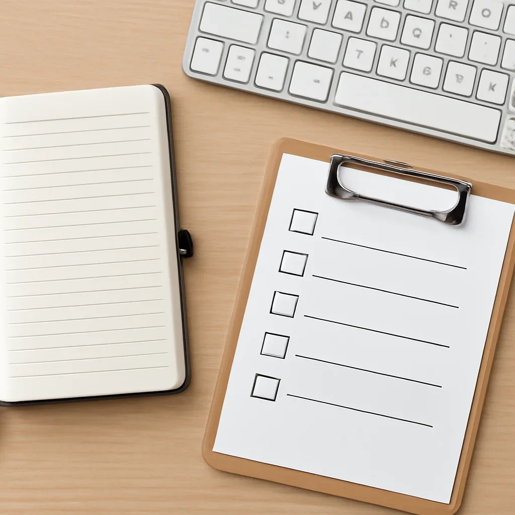 Notebook, keyboard, and checklist used for reviewing requests