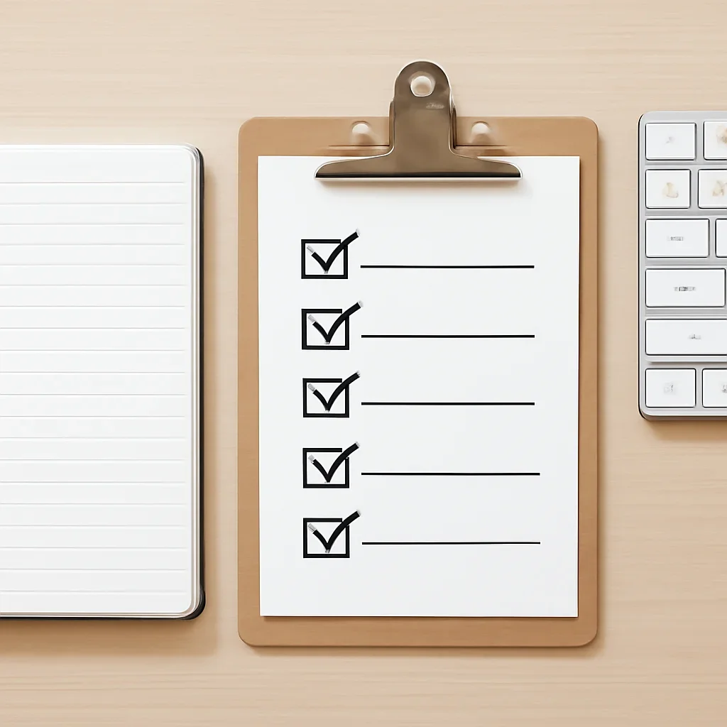Notebook, keyboard, and checklist used for reviewing requests