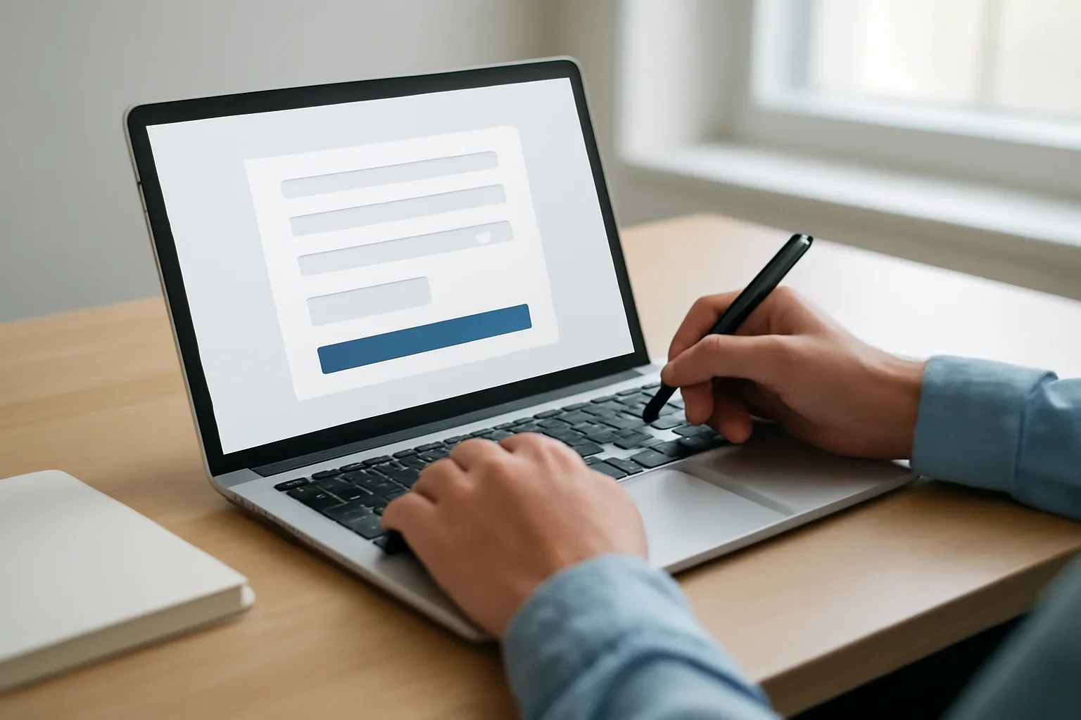 Person completing an online submission or support request on a laptop