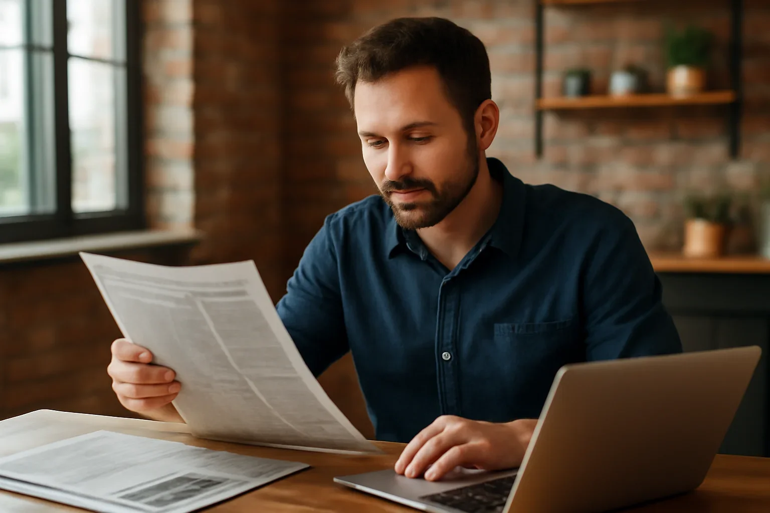 Local business owner reviewing printed materials and a laptop screen