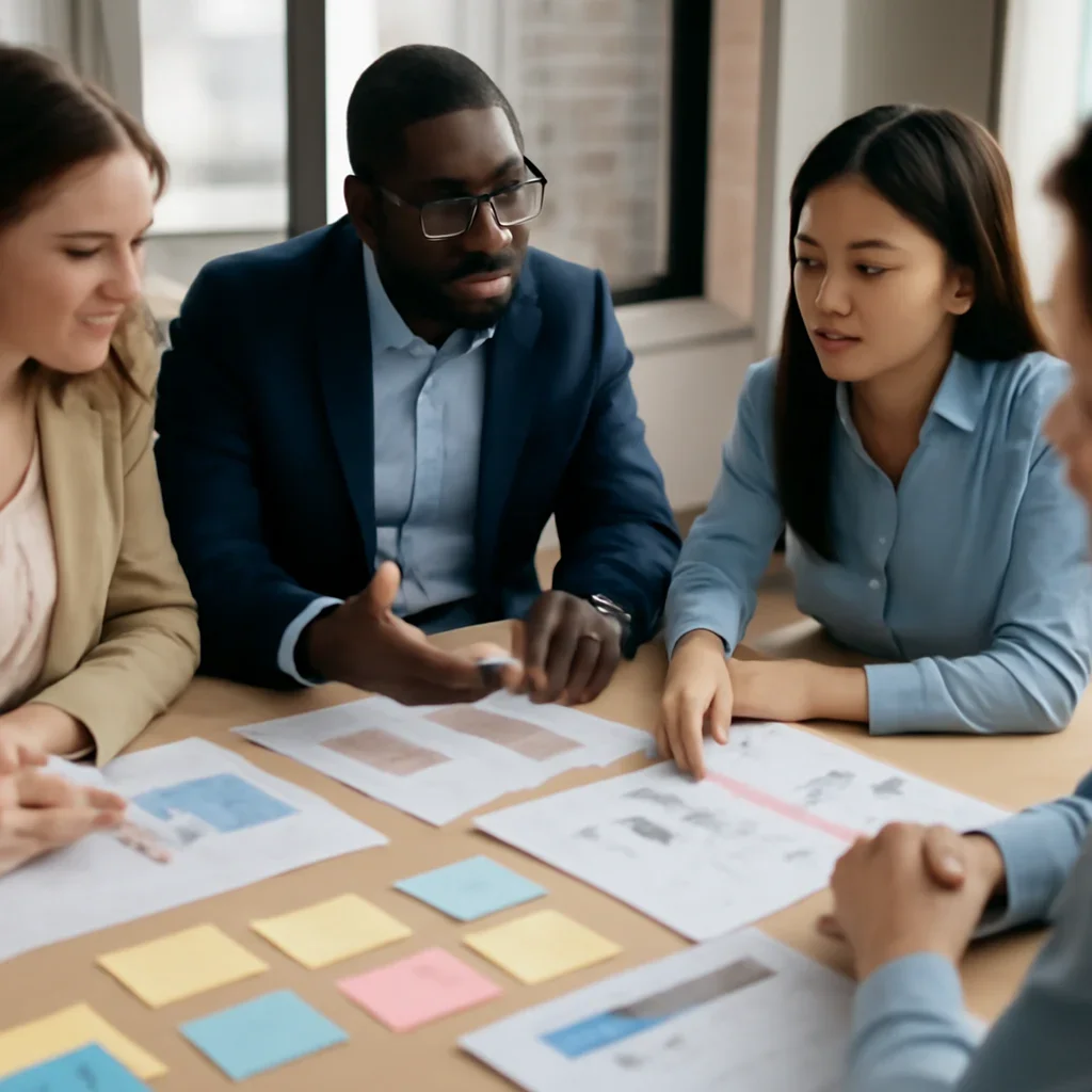 Planning meeting with ad proofs, calendar notes, or campaign drafts