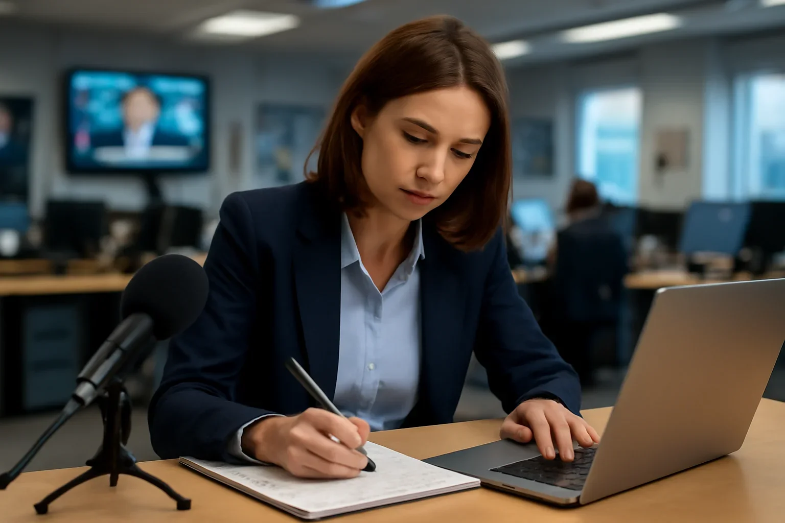 Reporter working from notes and a laptop ahead of local coverage