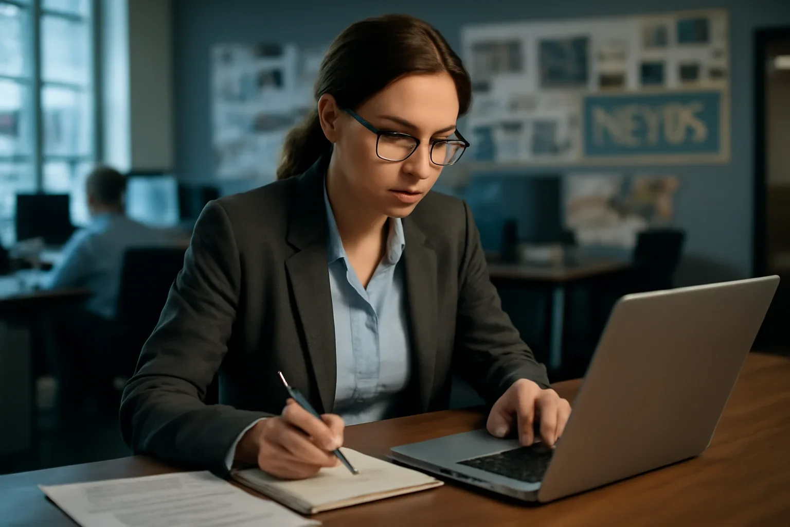 Reporter working from notes and a laptop ahead of local coverage