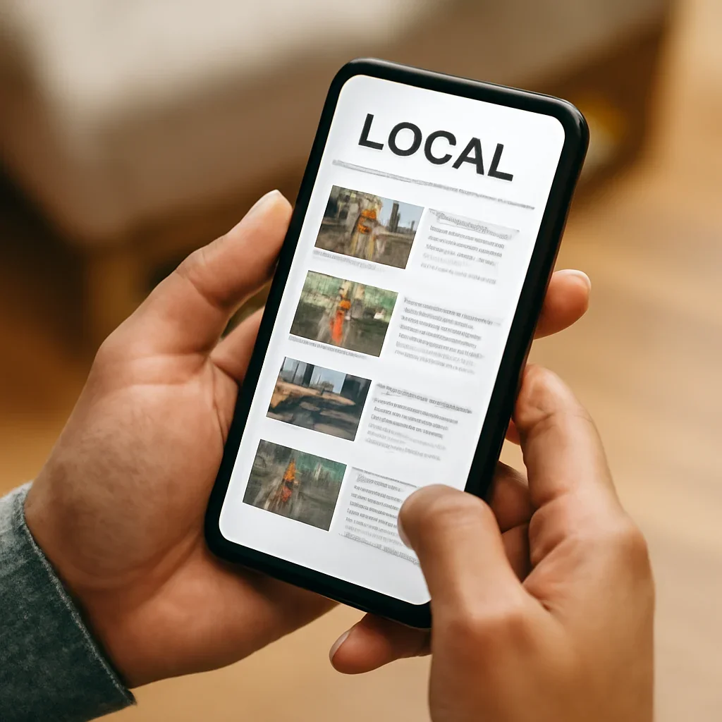 Reader scrolling local headlines on a phone