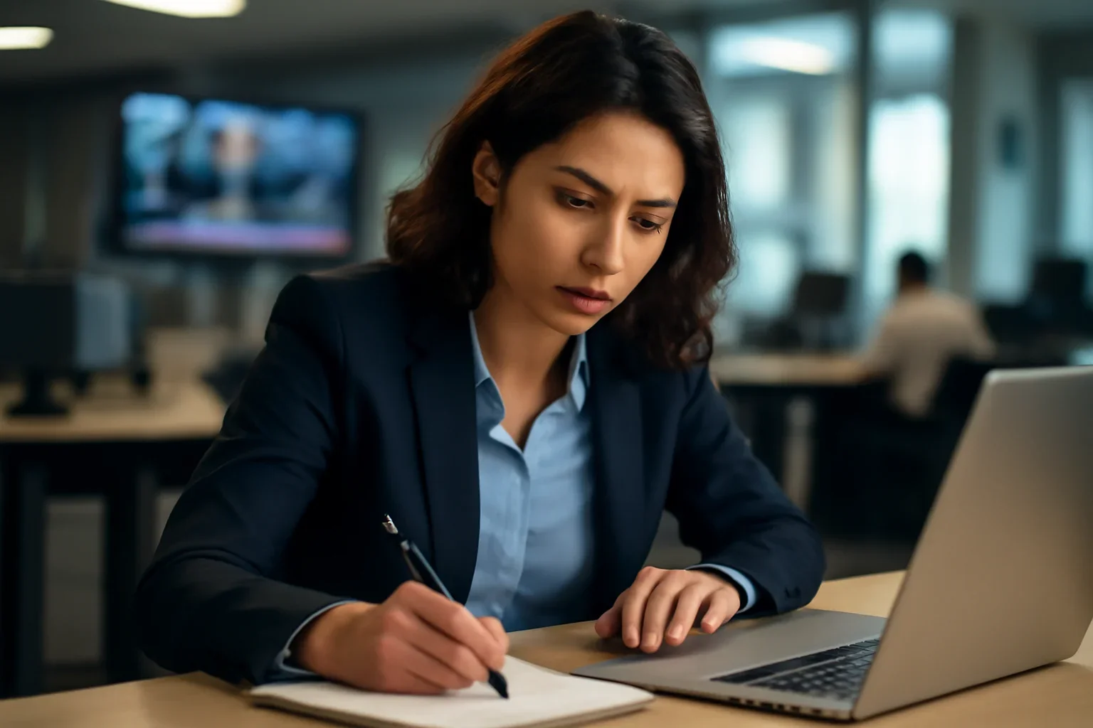 Reporter working from notes and a laptop ahead of local coverage