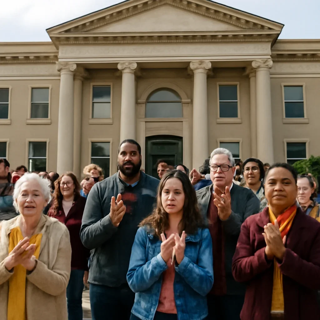 Community members gathered outside a municipal building