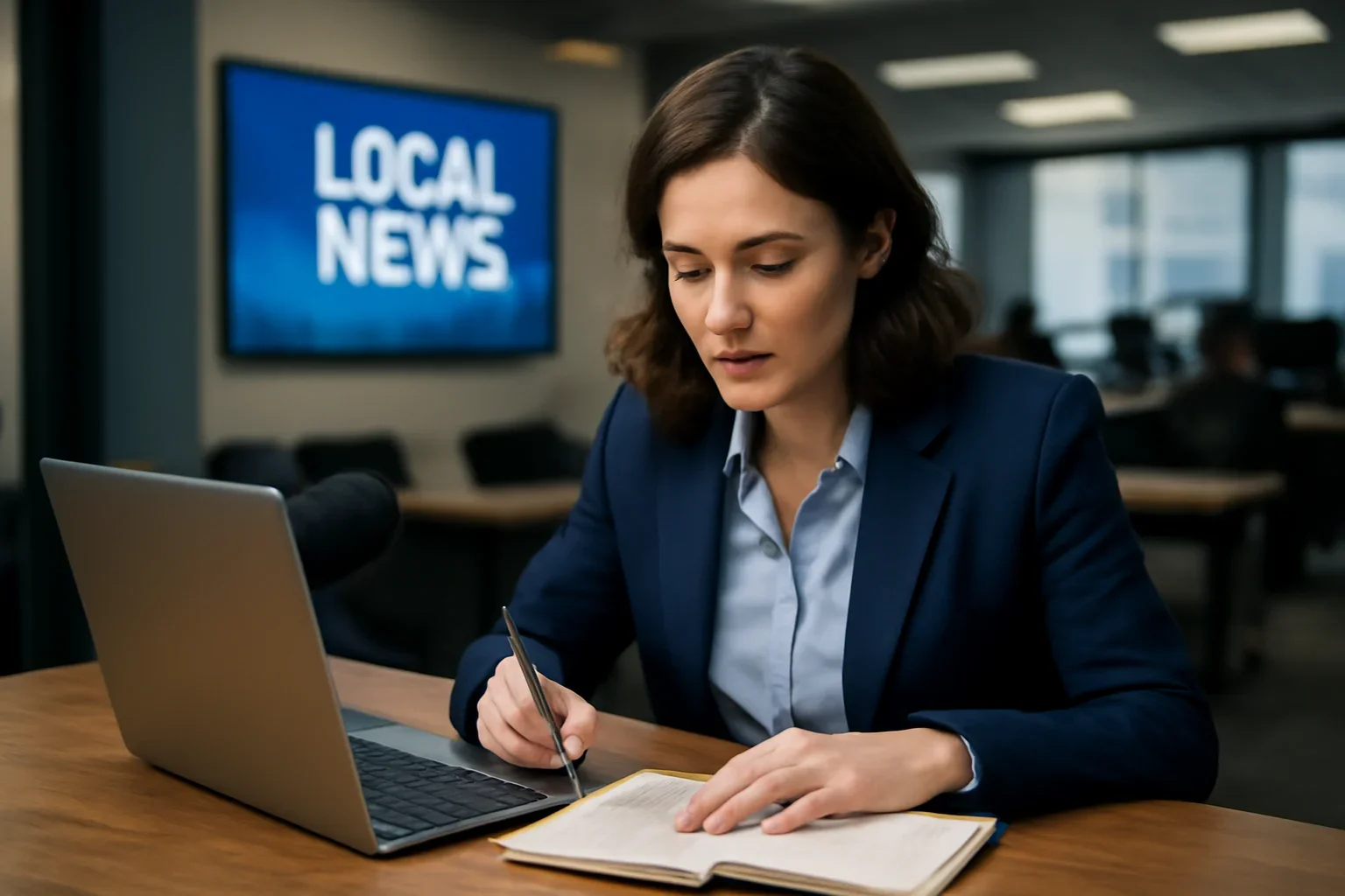 Reporter working from notes and a laptop ahead of local coverage