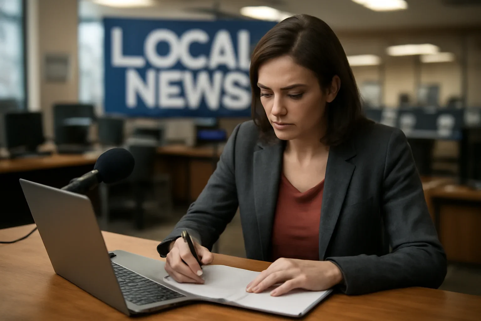 Reporter working from notes and a laptop ahead of local coverage