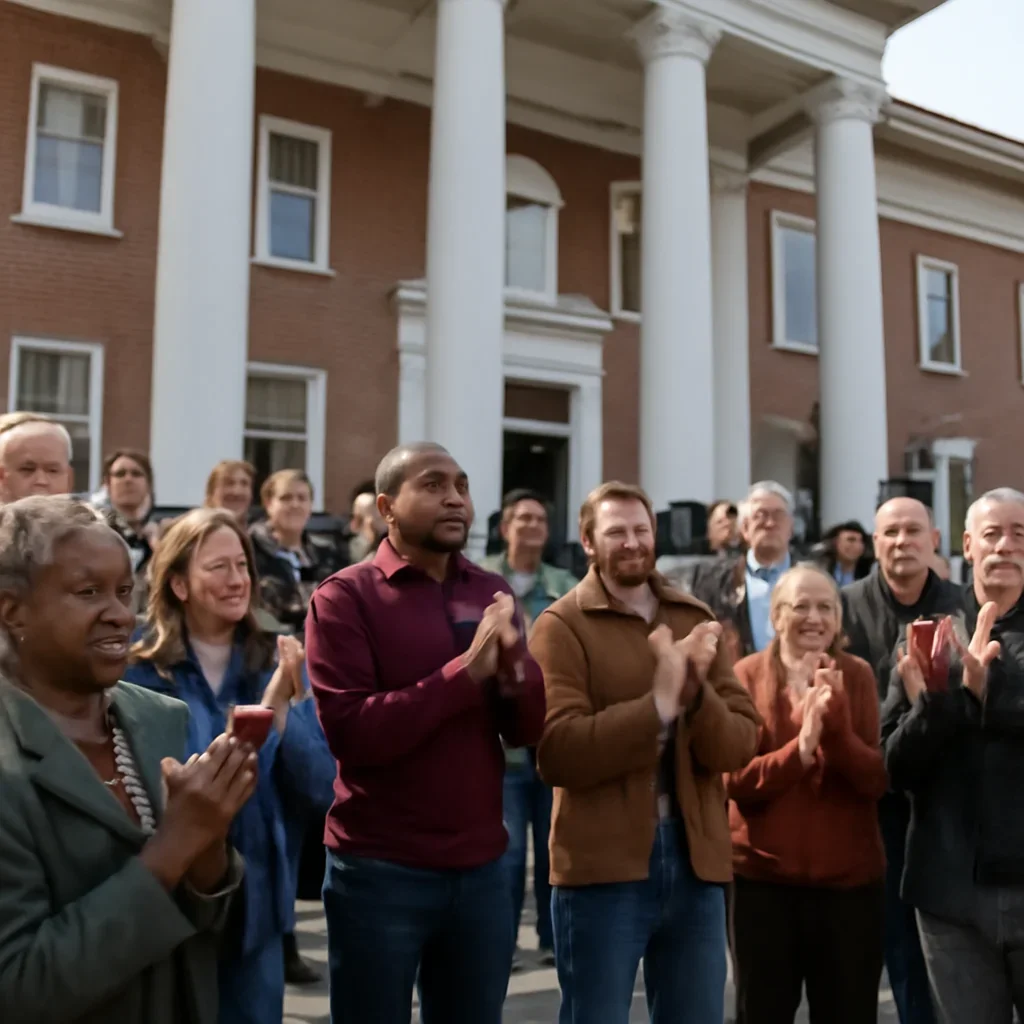 Community members gathered outside a municipal building