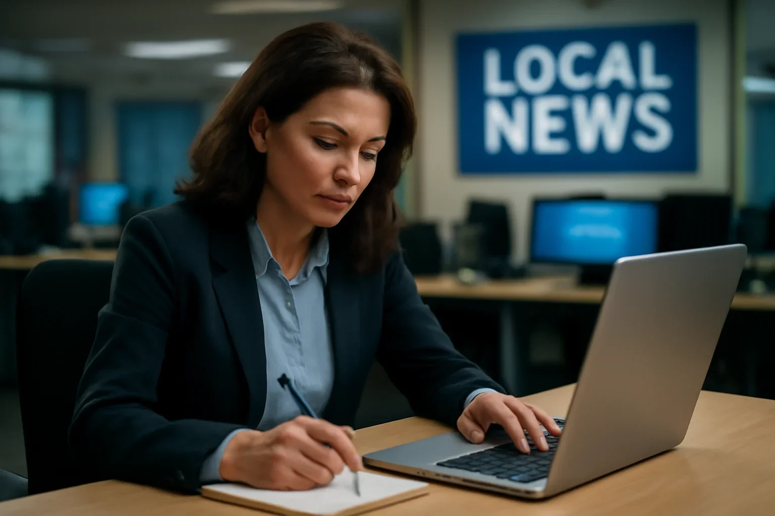 Reporter working from notes and a laptop ahead of local coverage