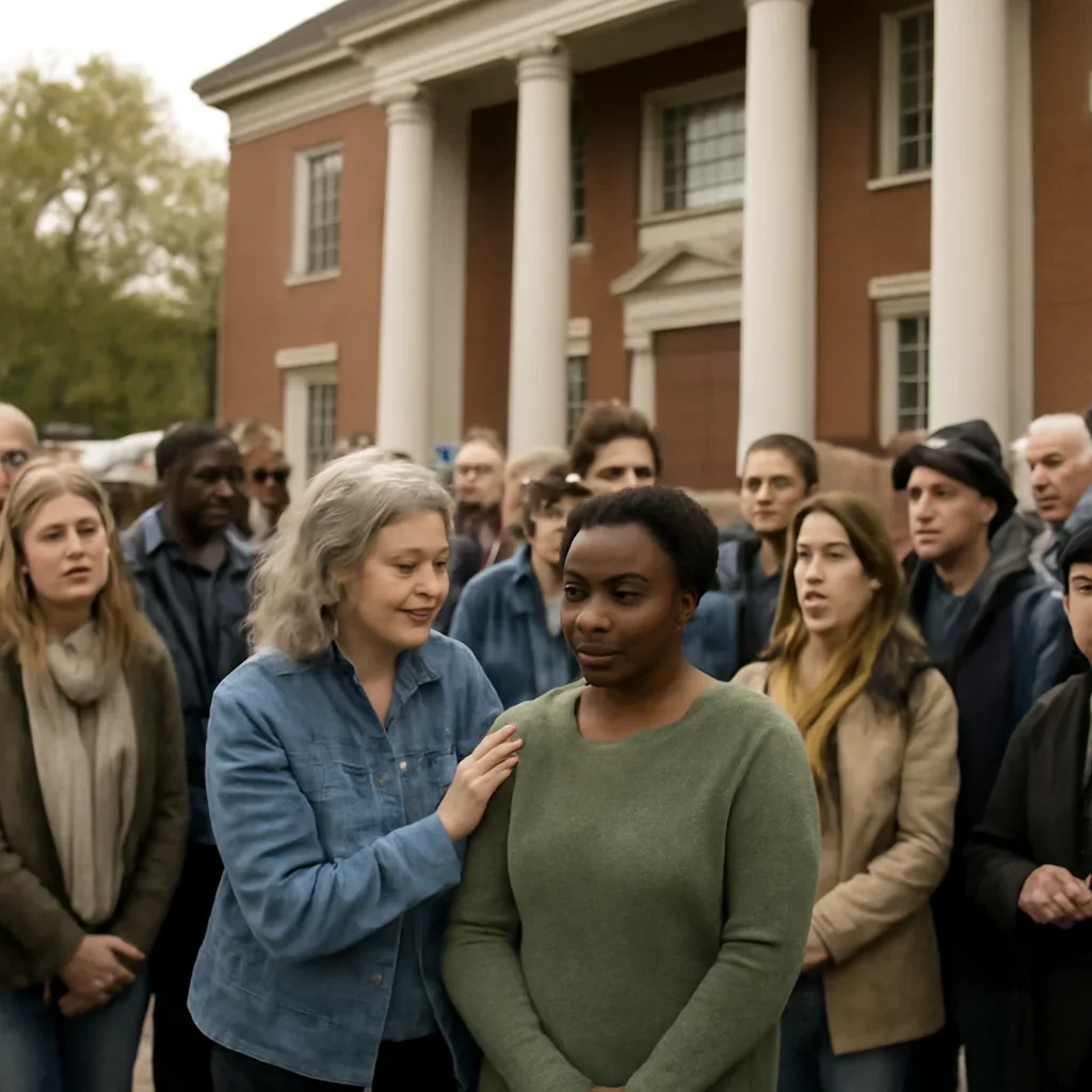 Community members gathered outside a municipal building