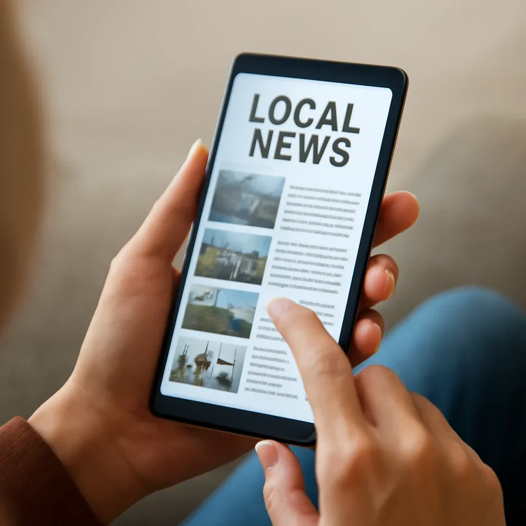 Reader scrolling local headlines on a phone