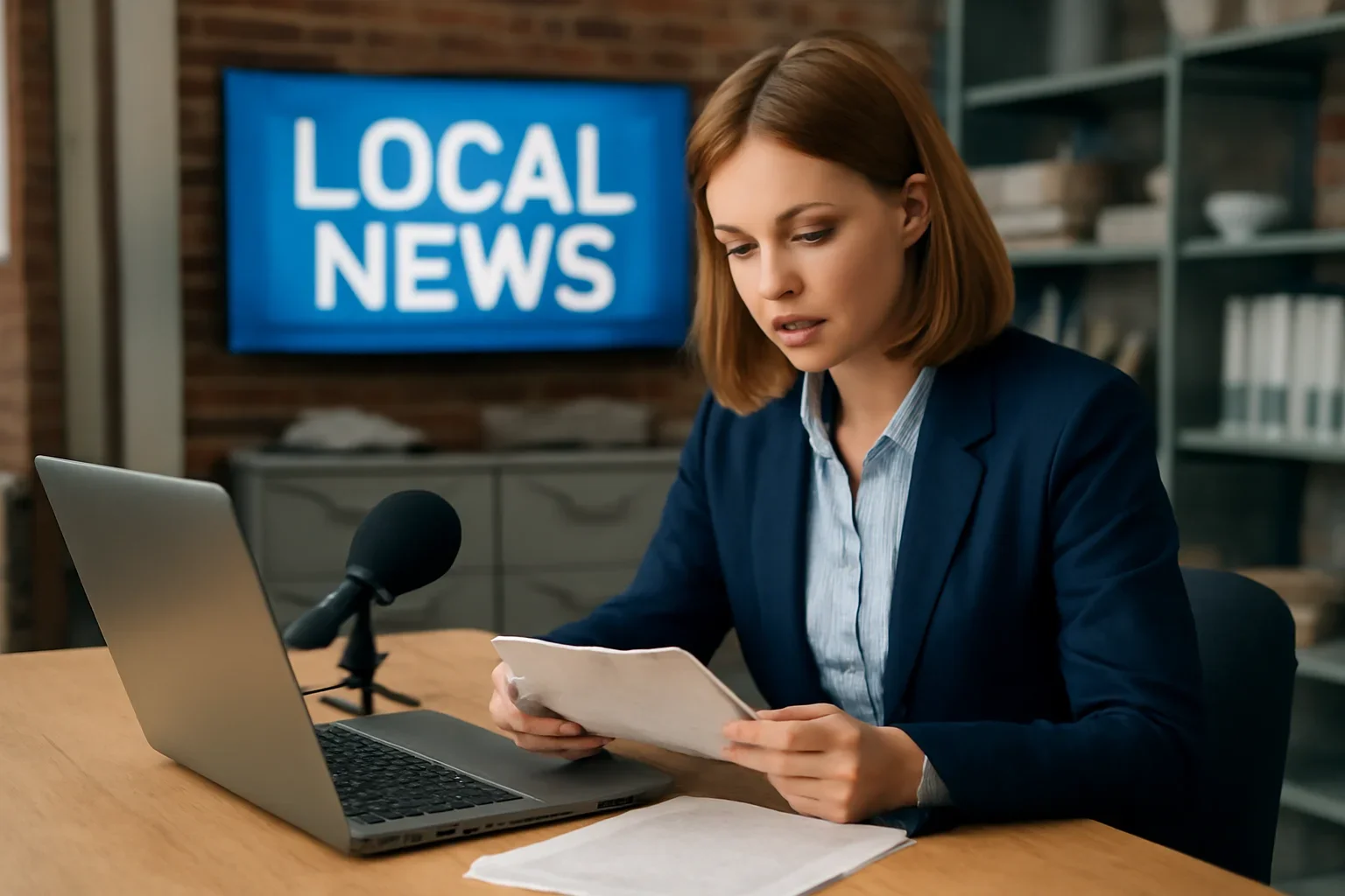Reporter working from notes and a laptop ahead of local coverage