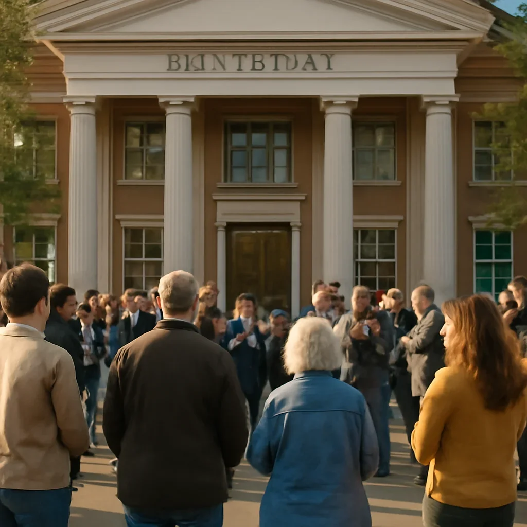 Community members gathered outside a municipal building