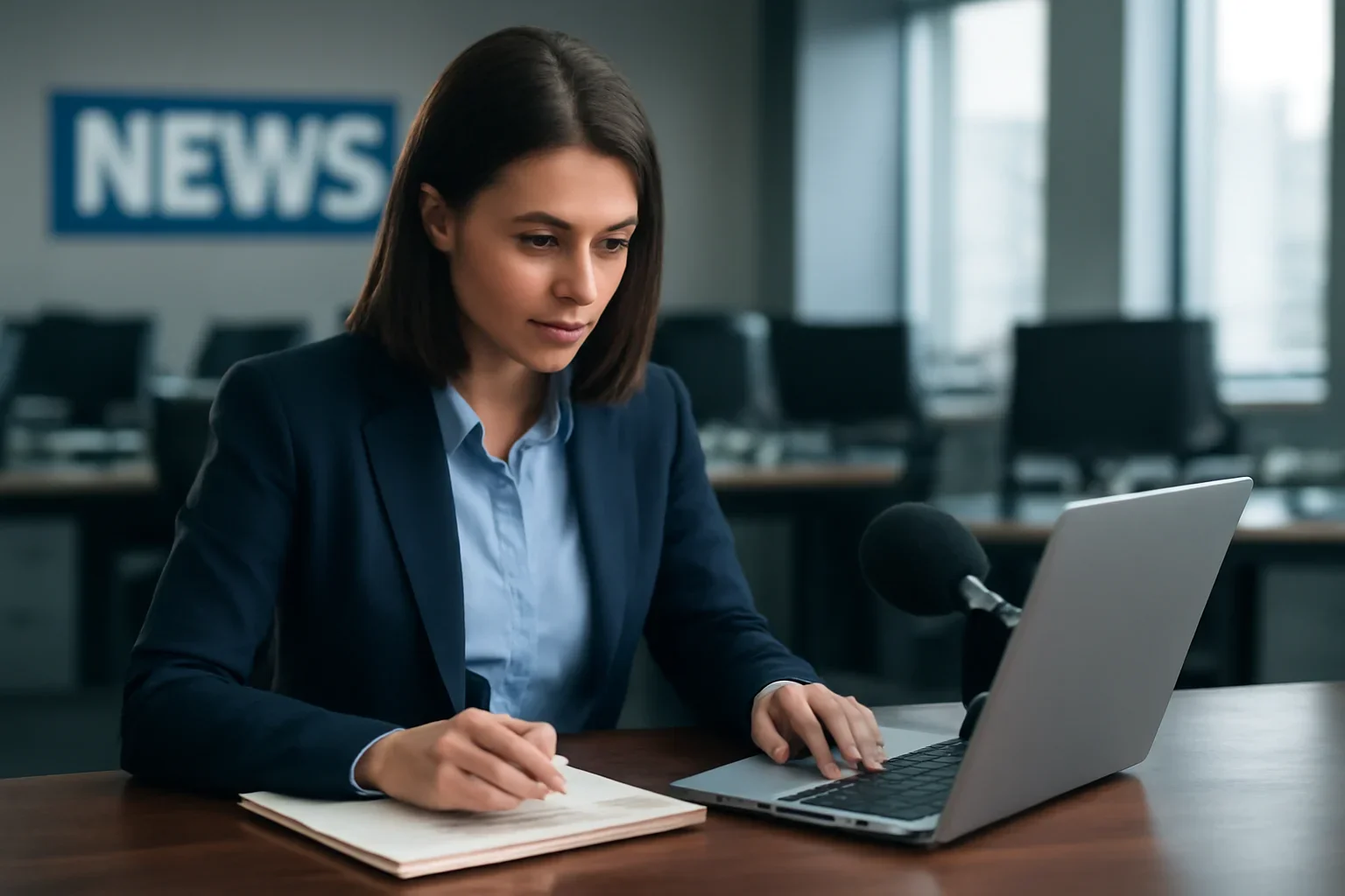 Reporter working from notes and a laptop ahead of local coverage