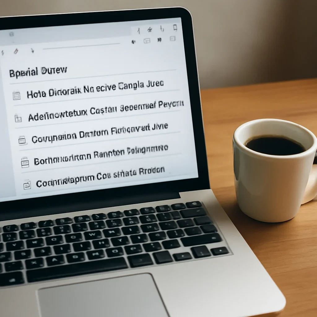 Inbox screen with local headlines beside a coffee cup