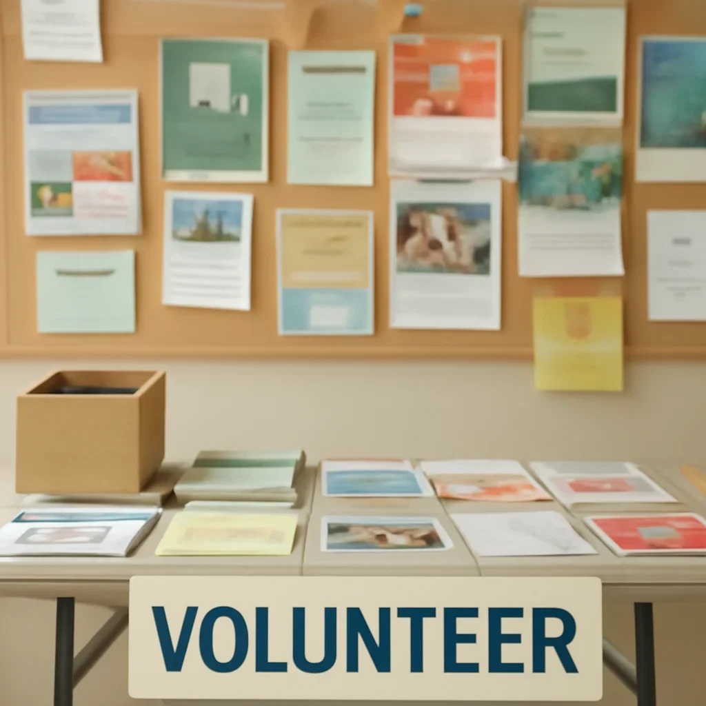 Volunteer table, posters, or community board filled with local notices