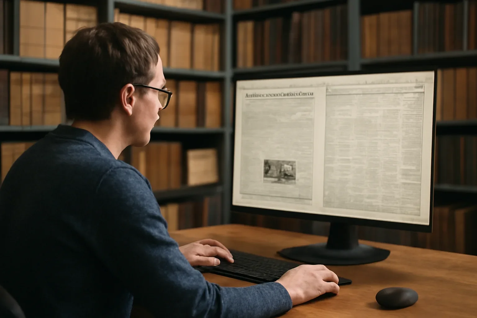 Researcher browsing historic newspaper pages on a desktop screen